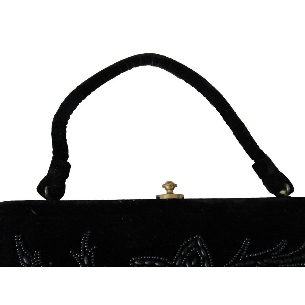 Vintage Soure Bag Beaded Velvet Framed Handbag. Jet Black Beads in a floral patt - Picture 10 of 16